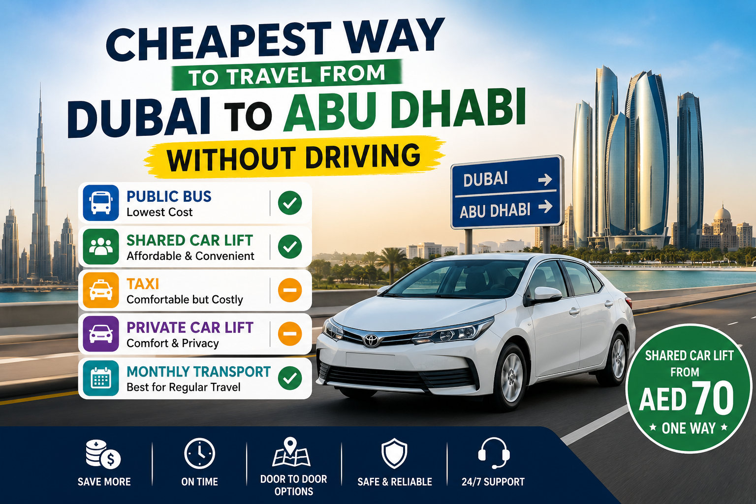 Cheapest way to travel from Dubai to Abu Dhabi without driving — bus, shared car lift, taxi and private options compared