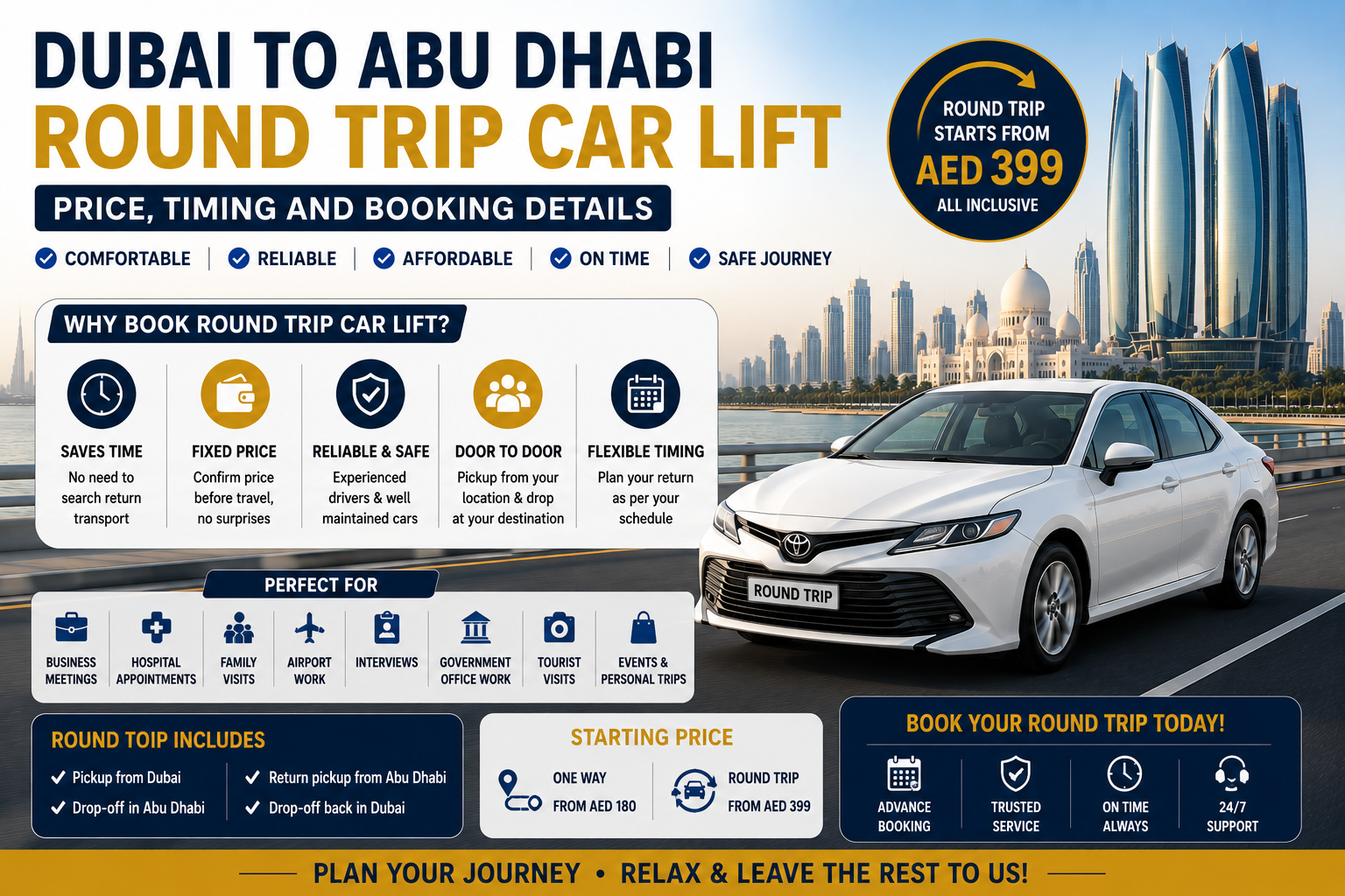 Dubai to Abu Dhabi round trip car lift — price, timing and booking details