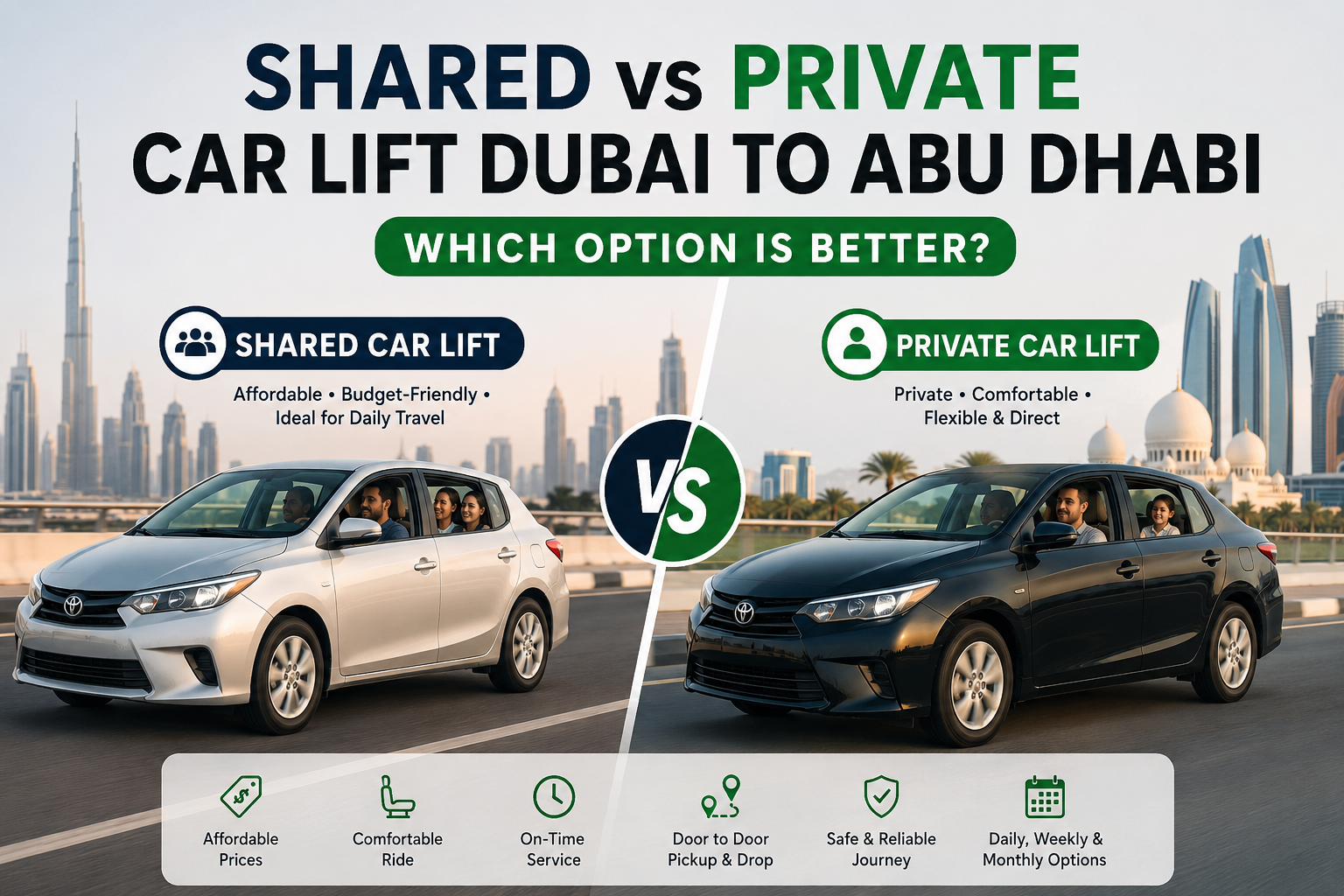 Shared vs private car lift Dubai to Abu Dhabi — which option is better